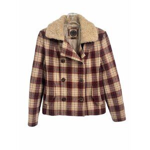 Giacco Wool Plaid Double Breasted Pea Coat Brown Faux Fur Sz Small Retro Grunge